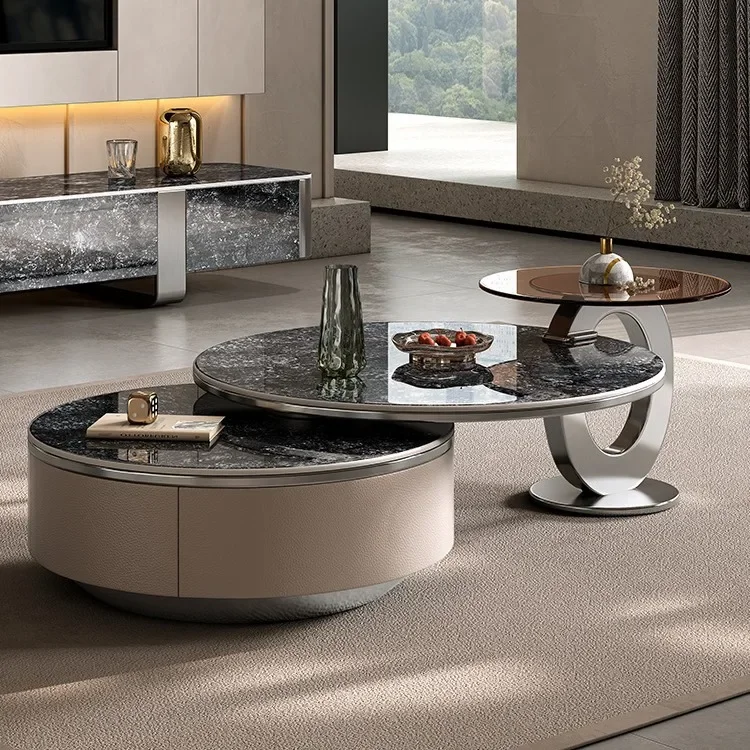 Mission Stone Top Cocktail Table Foldable Design Compact Size with Shelves Non-Toxic Material Easy Clean for Family Room