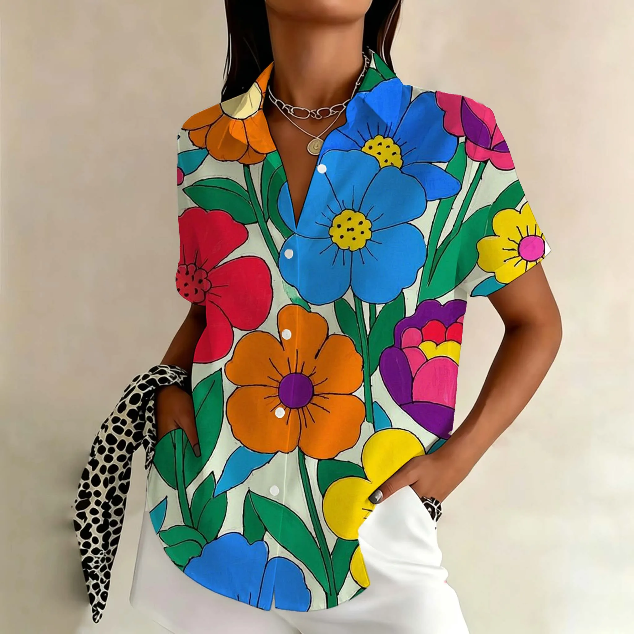 Women's Romantic Rose Floral Shirt Blue Pink Flower Graphic Short Sleeve Button Down Blouse Summer New Fashion Women Clothing