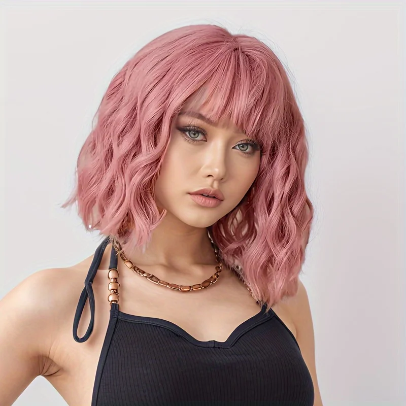 14inch Women Pink Water Ripple Neat Bangs Synthetic Wig for Each Scenes Wearable Use