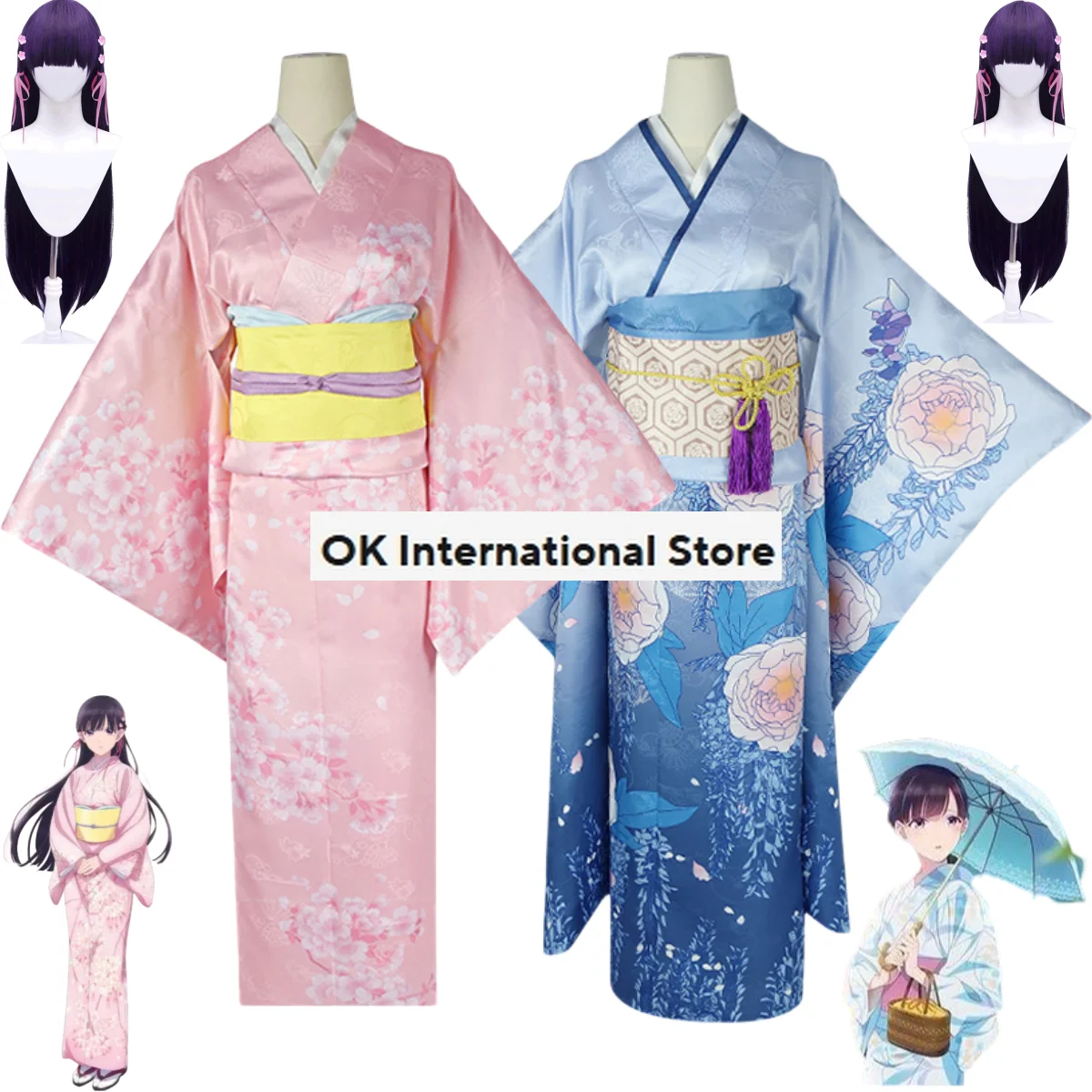 Anime My Happy Marriage Saimori Miyo Cosplay Costume Wig Japanese Kimono Pink Blue Dress Outfit Woman Kawaii Halloween Suit