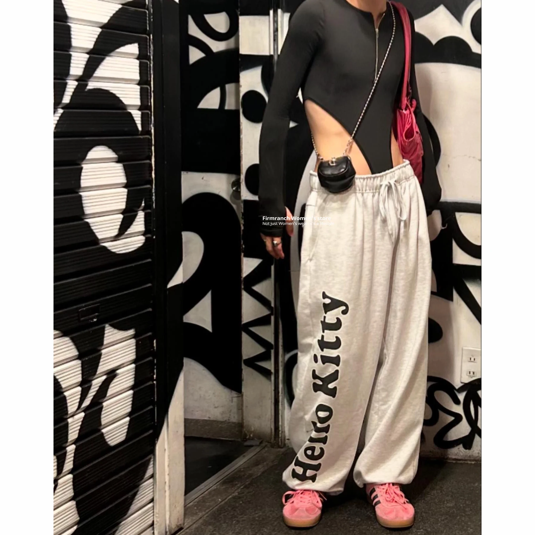 Firmranch New 2024 Korean Fashion New YY Early Autumn Bow Embroidery Straight Sweatpants For Women Elastic Waist Sport Trouser