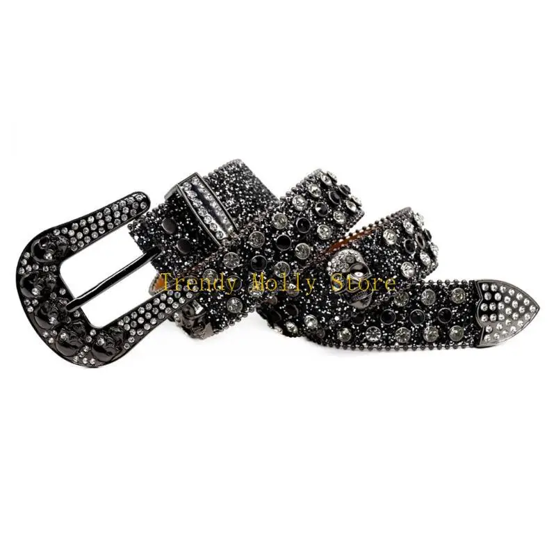 أحزمة N5KB بإبزيم على شكل جمجمة ماسية لعشاق ثقافات الشوارع وحزام خصر مزين بالترتر #4