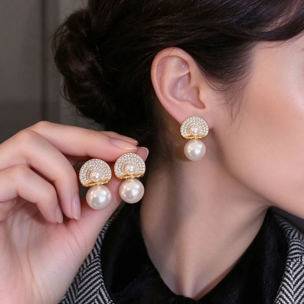Women's Pearl Stud Earrings, Full Diamond Elegant Drop Earrings, Versatile Fashion Ear Jewelry