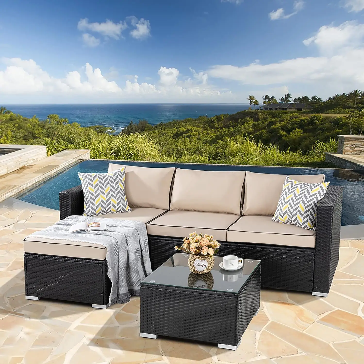 All-Weather Rattan sofá secional com mesa de chá e almofadas, Upgrade Outdoor Patio Móveis Sets, 3 PCs, várias cores