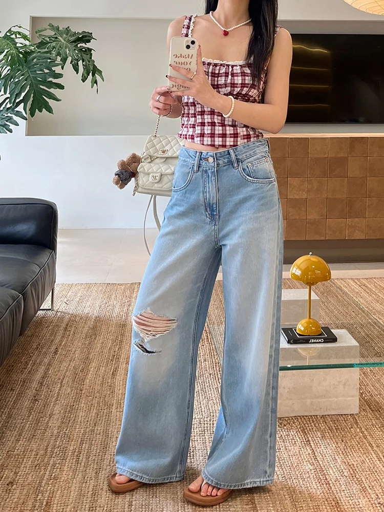 

Женские джинсы с высокой талией, свободного кроя, прямые, широкие штанины, светлые, без стрейча, выцветшие, длиной в пол, весна 2026