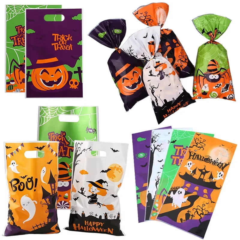 50/100 Stück Halloween-Geschenktüten, Halloween-Süßigkeitentüten, Plastik-Cellophan-Kekstüten, Geschenktüten mit 50/100 Stück Bändern, Geschenkverpackungstüten – Detail 1