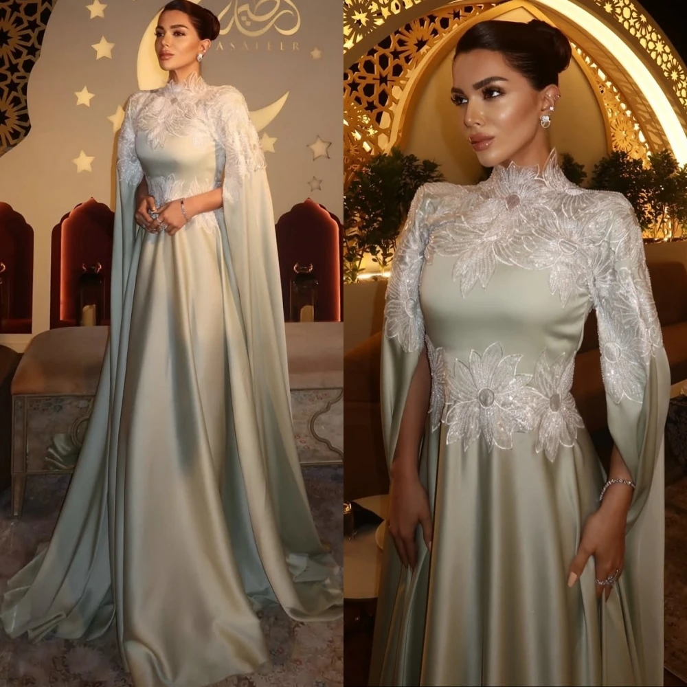 فستان سهرة أنيق مخصص بياقة عالية وأكمام قصيرة على شكل حرف A، فساتين مناسبة مخصصة للحفلات الراقصة الحديثة