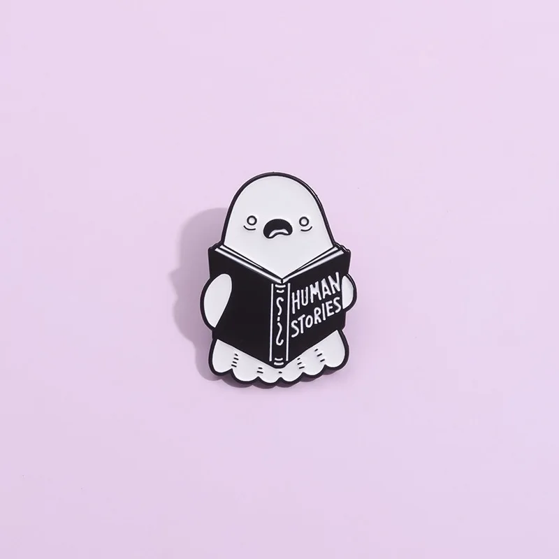 

Funny Ghost Reading "Human Stories" Enamel Pin Brooch Lapel Badge for Book Lovers & Spooky Fans Backpack Accessories
