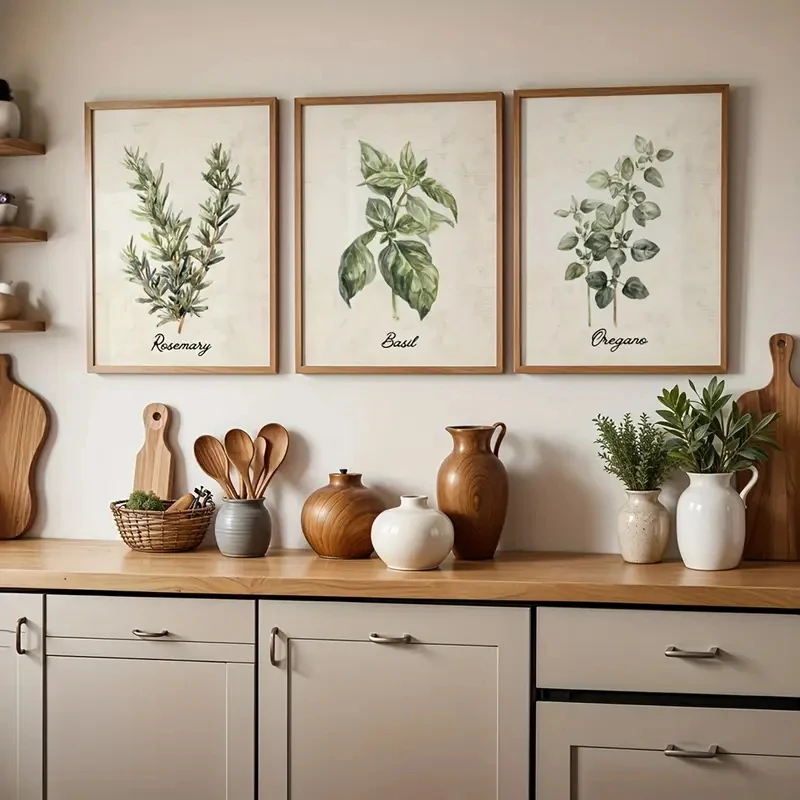 

3pcs/Set Retro and Antique Beige Kitchen Wall Canvas, Artistic Watercolor, Plant and Herbal Living Room Home Decoration