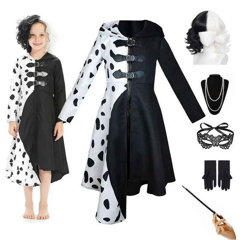 의상 Cruella Deville pour enfants filles, combinaison dalmatien noire, robe de fête 코스프레 d'halloween pour filles de 4 à 12