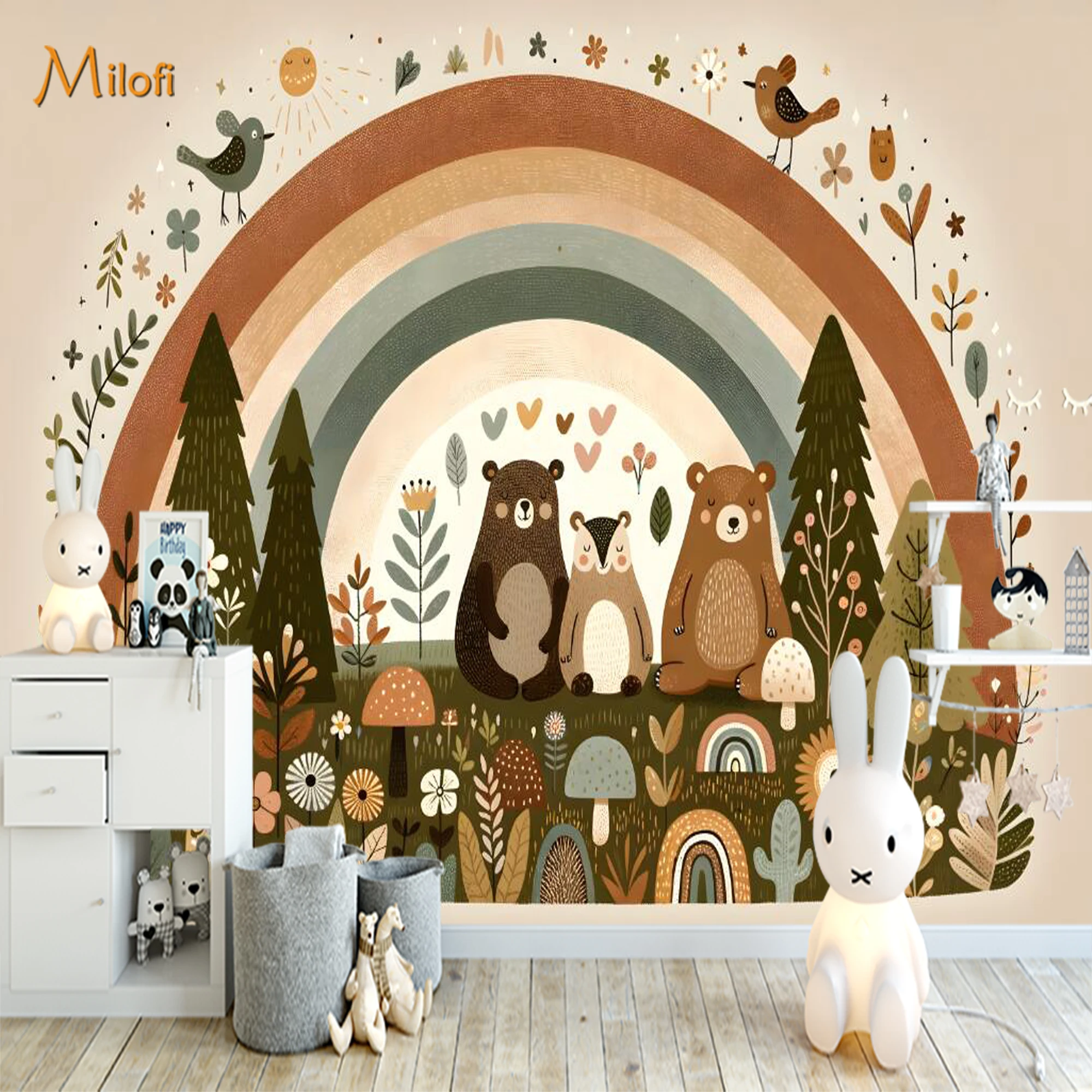 Custom Boho Rainbow Bear Mural Wallpaper Brown Woodland Forest Mushroom Flower Wall Paper for Kids Room Nursery Decor