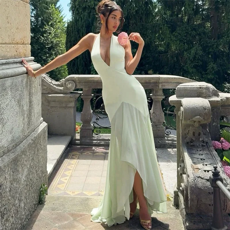 

Sexy Women's Prom Dress Light Green Halter Neck Sleeveless Backless Formal Casual Beach Holiday Backless Long Party Gown Robe