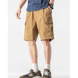 Shorts de tendência larga larga masculino, cordão, cor sólida, combinação de tudo, casual, japonês, bolso emendado, elástico na cintura, verão