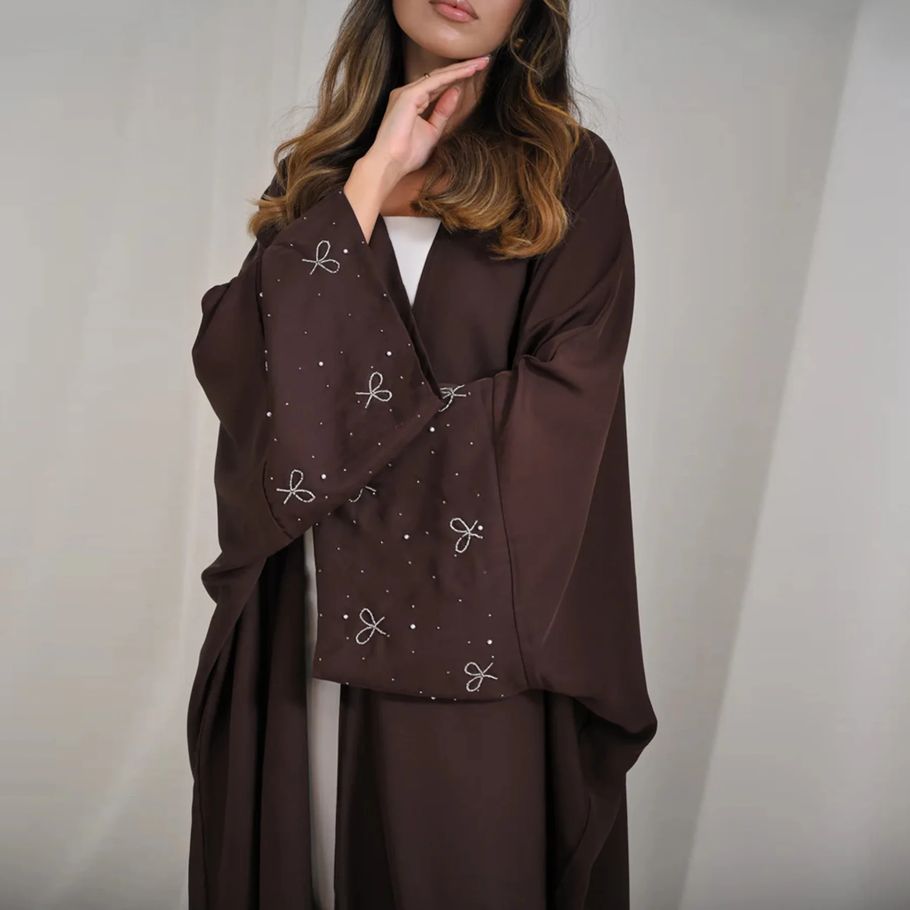 Verão nova moda feminina muçulmana miçangas simples casual na moda solta elegante manga longa arco cardigan feminino abaya dubai roupas