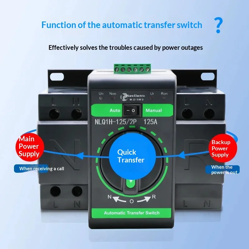 Dual Power ATS Switch, 2 In 1 Out, 2P 4P, 63A 125A, Home Solar Grid, Single/Three Phase 400V