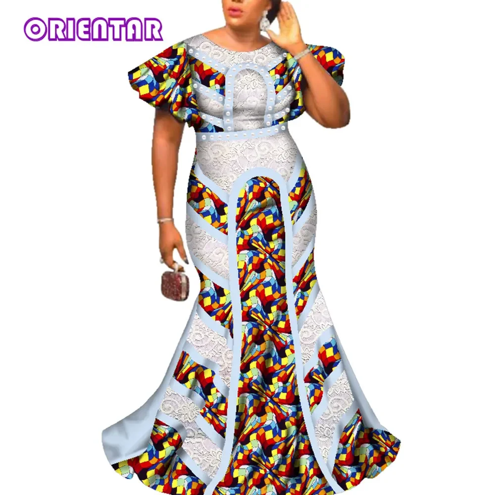 

Elegant Lady African Print Maxi Dresses Women Bazin Riche Lace O-neck Dashiki African Traditional Dress Robe Africaine WY2586