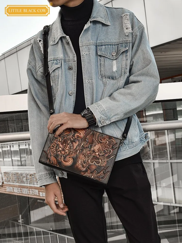 

Vintage Pattern Men Genuine Leather Shoulder Bag Fashion Handmade Cluthes High Quality Real Cowhide Envelope Bags Crossbody Bag