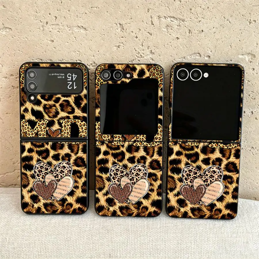 Leopard Letter Hearts Bow Case for Samsung Galaxy Z Flip 7 6 5 4 3 Flip5 Flip4 Flip6 Flip7 FE Flip3 Back Phone Cover Funda