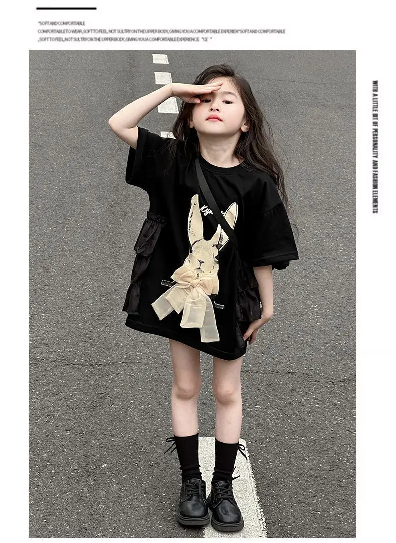 2026 Neues Sommer-T-Shirt-Kleid für Mädchen mit Hasen-Print und Schleife, lockeres langes Kinder-T-Shirt-Oberteil für Mädchen von 5-16 Jahren – Detail 8