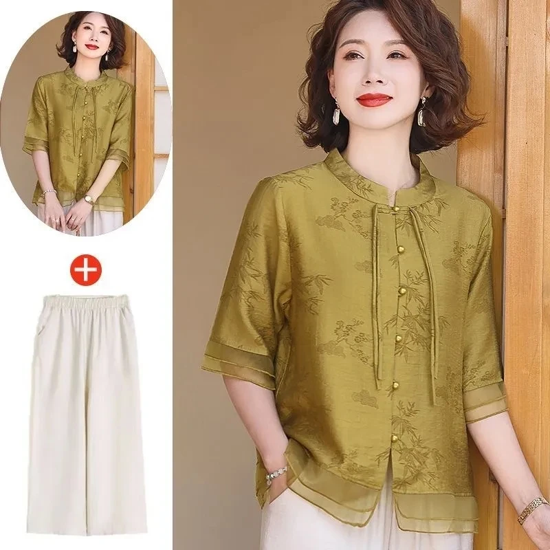 Mom Summer Short Sleeved Shirt Top Middle Aged Grandmother Thin Style Cardigan Blouse Suit Female Five Branch Sleeve 2 Piece Set