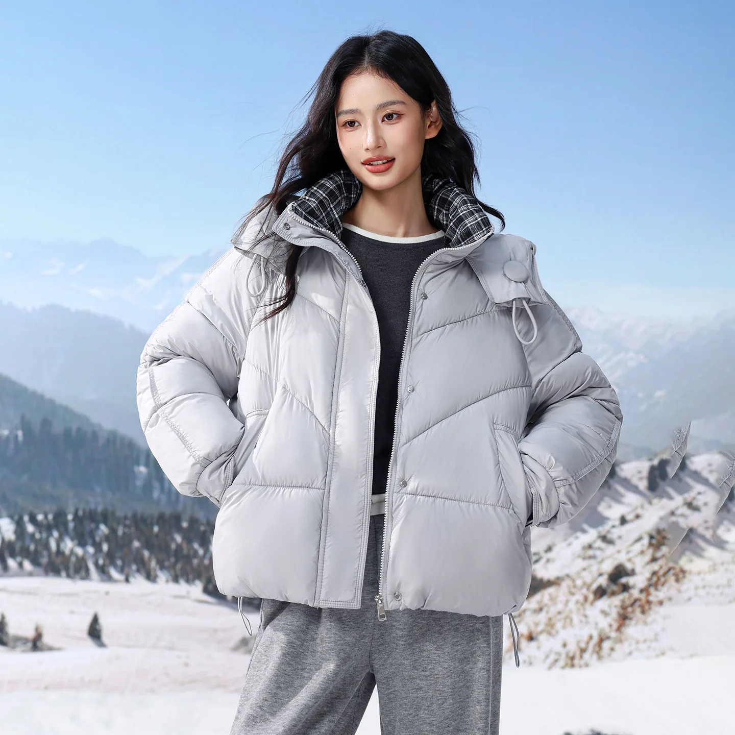 British Style Hooded Cotton Jacket Winter Plaid Collar Contrasting Colors Short Thick Warm Small Bread Jacket