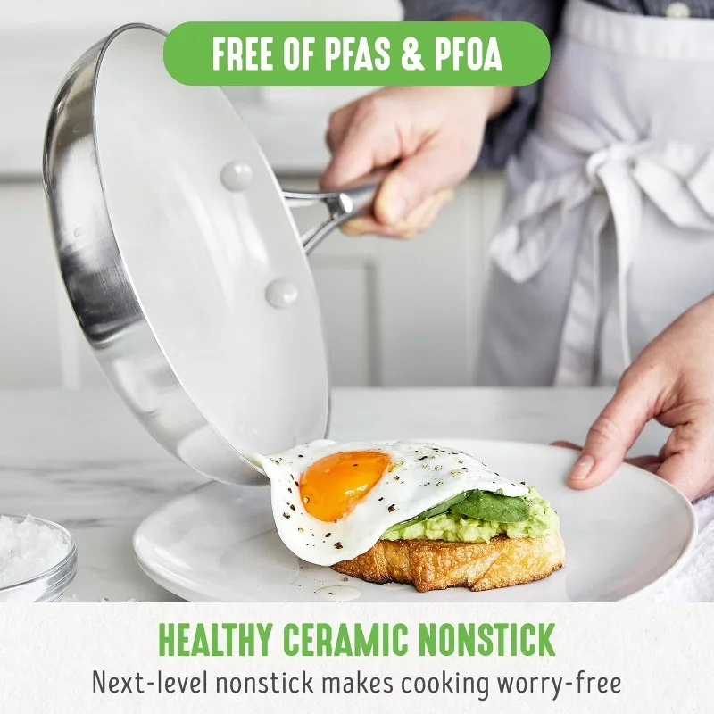 Tri-Ply Stainless Steel Healthy Ceramic Nonstick, 10 Piece Cookware Pots and Pans Set, PFAS-Free, Multi Clad, Induction