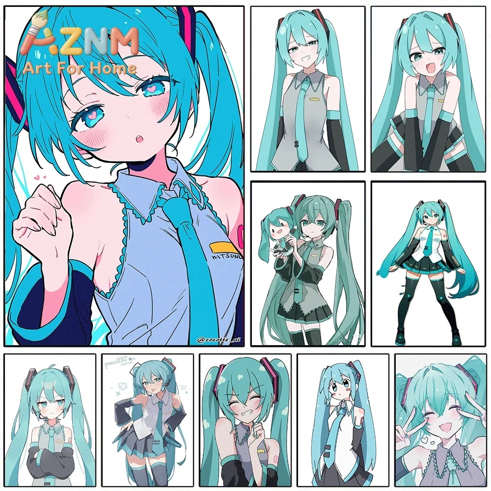 Hatsune Miku Cute Flat Cartoon Expressions Collage Canvas Painting Unframed Anime Vocaloid Wall Art Poster for Bedroom Home Wa