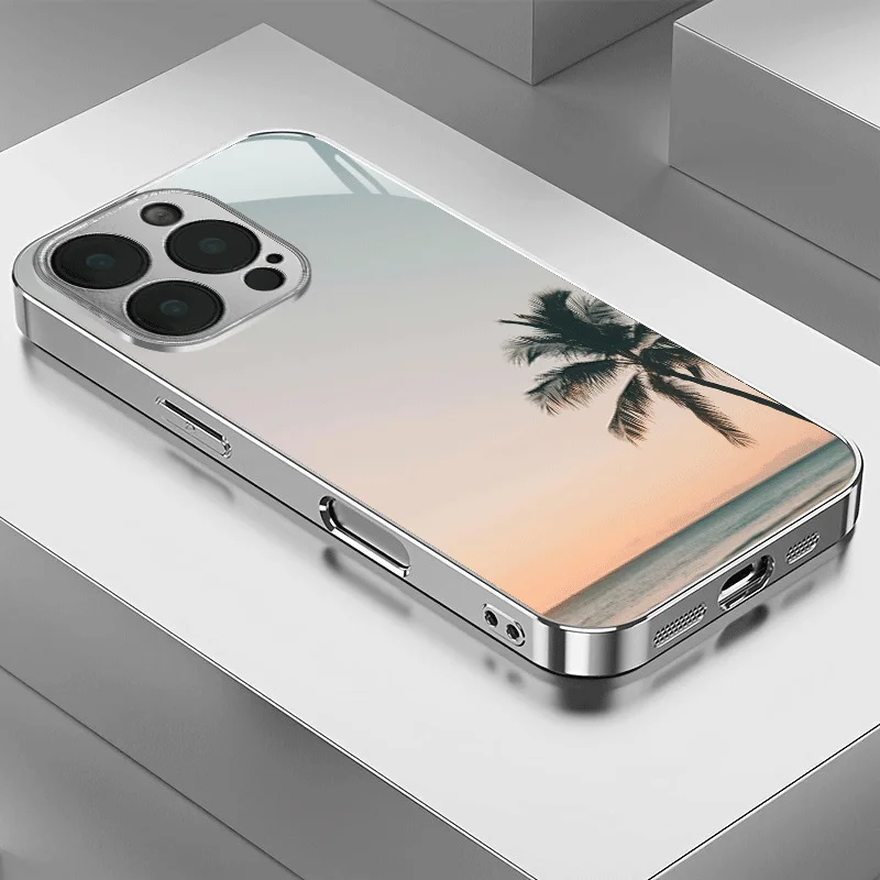 Coconut tree landscape pattern electroplated glass phone case, suitable for iPhone 17, 16, 15, 14, 13, 12, 11, etc.
