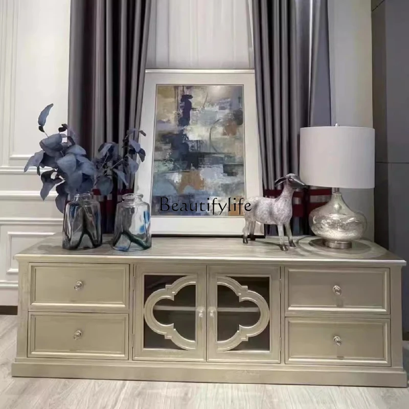 

American retro solid wood TV cabinet, antique carved retro and old floor cabinet in the living room