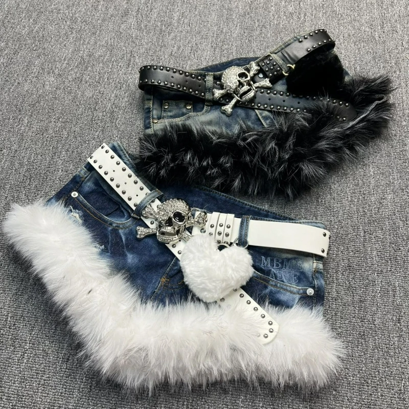 Japanese Gothic Style Denim Shorts Women Vintage Fashion Plush