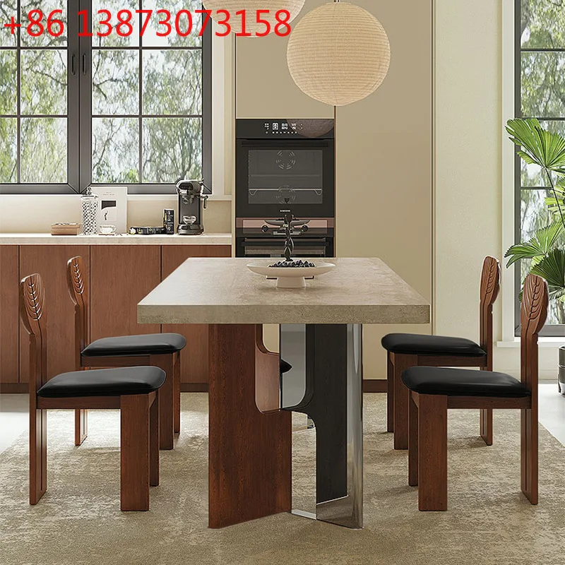 

French-Roman travertine rock slab dining table Modern simple medium and ancient rectangular dining table Designer household smal