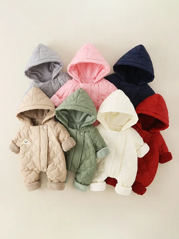 

Комбинезон с хлопковой подкладкой для малышей от 0 до 3 лет, комбинезон унисекс с капюшоном и нашивкой из мультфильма, однотонный утепленный зимний комбинезон