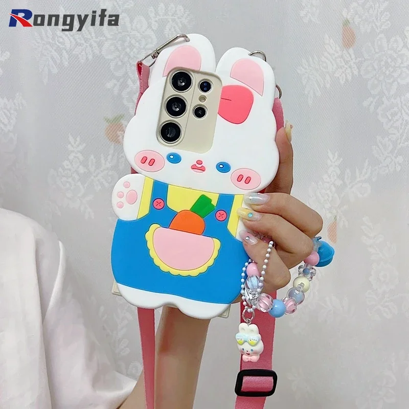 

Cute Rabbit Radish Phone Case For Samsung Galaxy A24 A14 A14 A54 A53 A34 A33 A13 A04S Animal Back Cover +Bracelet + Lanyard