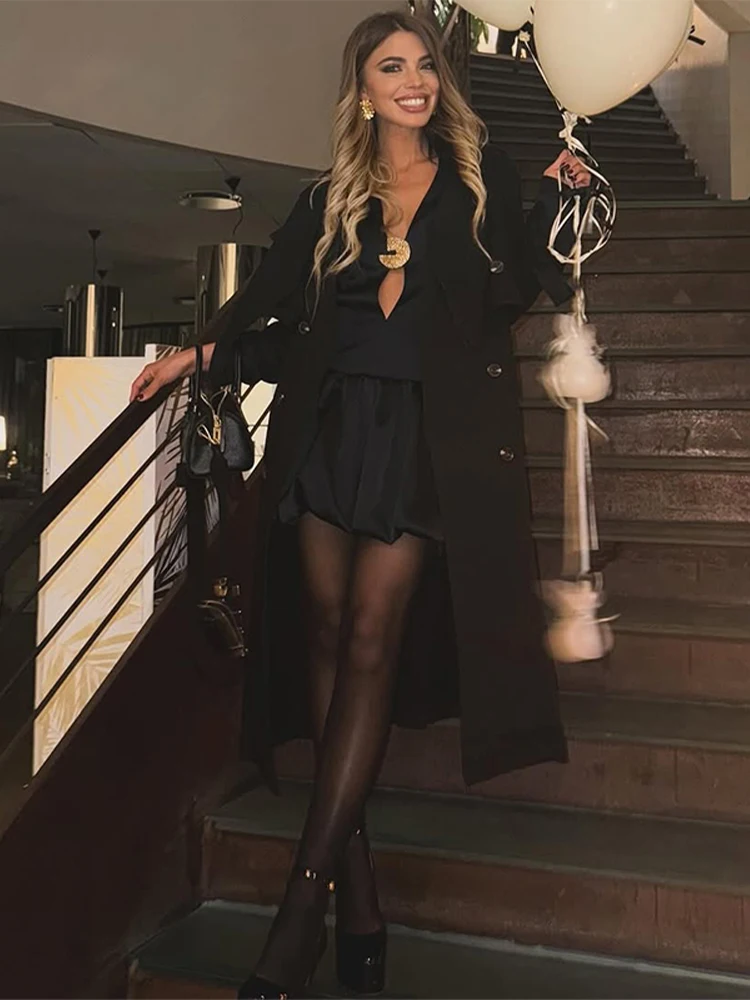 Women's Dresses Deep V Mini Dress Sexy Cutout Waist Metallic Detail 2025 Trendy Long Sleeve Party Evening Wear Woman Clothes