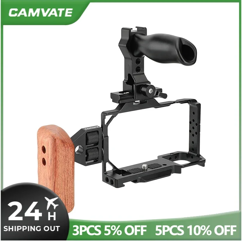 Telaio completo per armatura protettiva con gabbia per fotocamera CAMVATE con impugnatura superiore NATO a sgancio rapido e impugnatura in legno lato sinistro per Sony ZV-E10