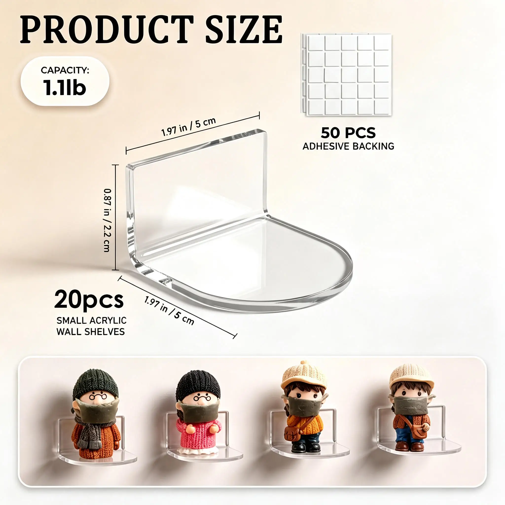 20Pcs Thick Acrylic Mini Floating Wall Shelves, Display Racks