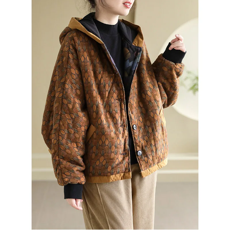 Original Literary And Artistic Cotton Jacket Thickened Women\'s Loose Retro Color Printing Warm Hooded Casual Quilted Coat Z4146