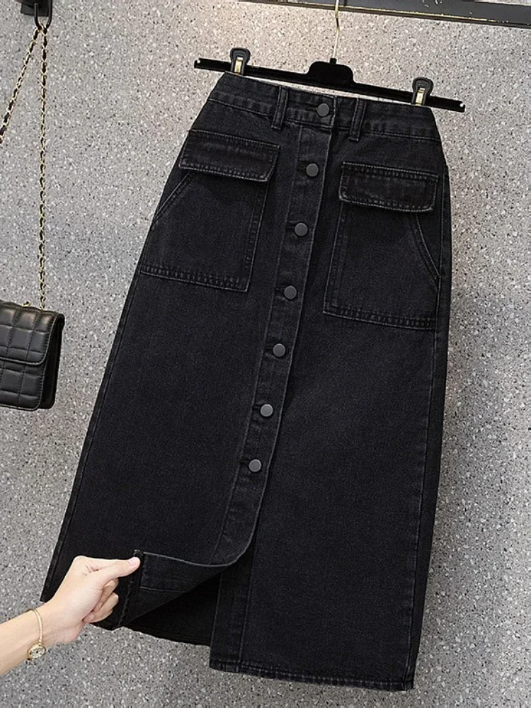 

Autumn Long Denim Skirt Women 2024 Large Size Korean Fashion Split Jean Mid-Length High Waist Skirts Black Loose Skirt F38