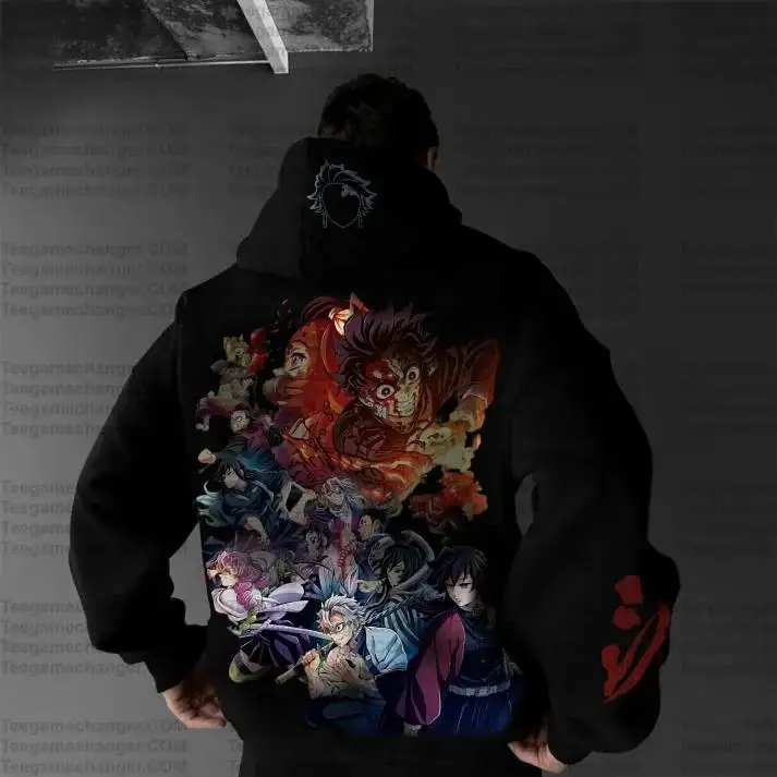 طقم هوديي كبير الحجم من Kimetsu No Yaiba للرجال قطن مكون من قطعتين ملابس رياضية كاجوال مطبوعة على شكل قاتل الشياطين مقاس كبير #1
