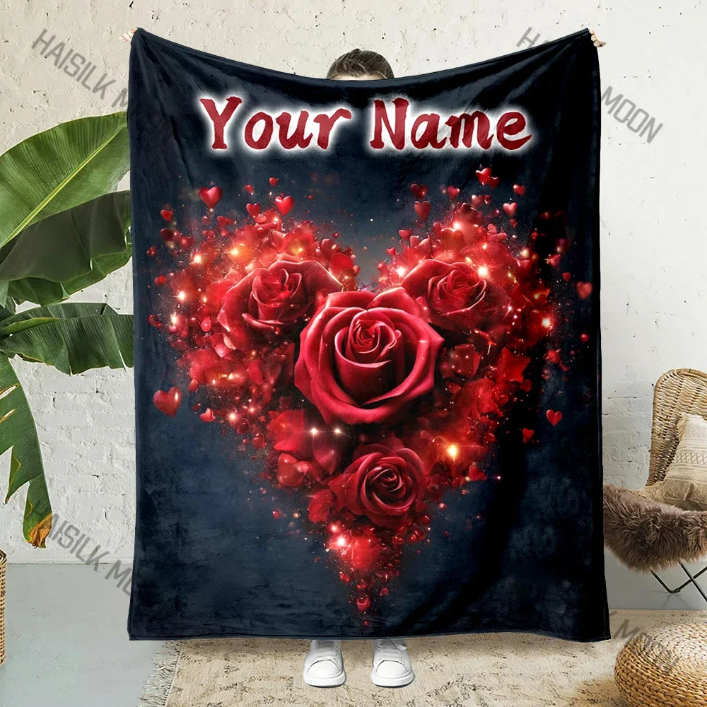 

Customized Name Blanket Romantic Rose Heart Print Soft and Comfortable for Home Sofa Travel Camping Beach Blanket Luxury Gift