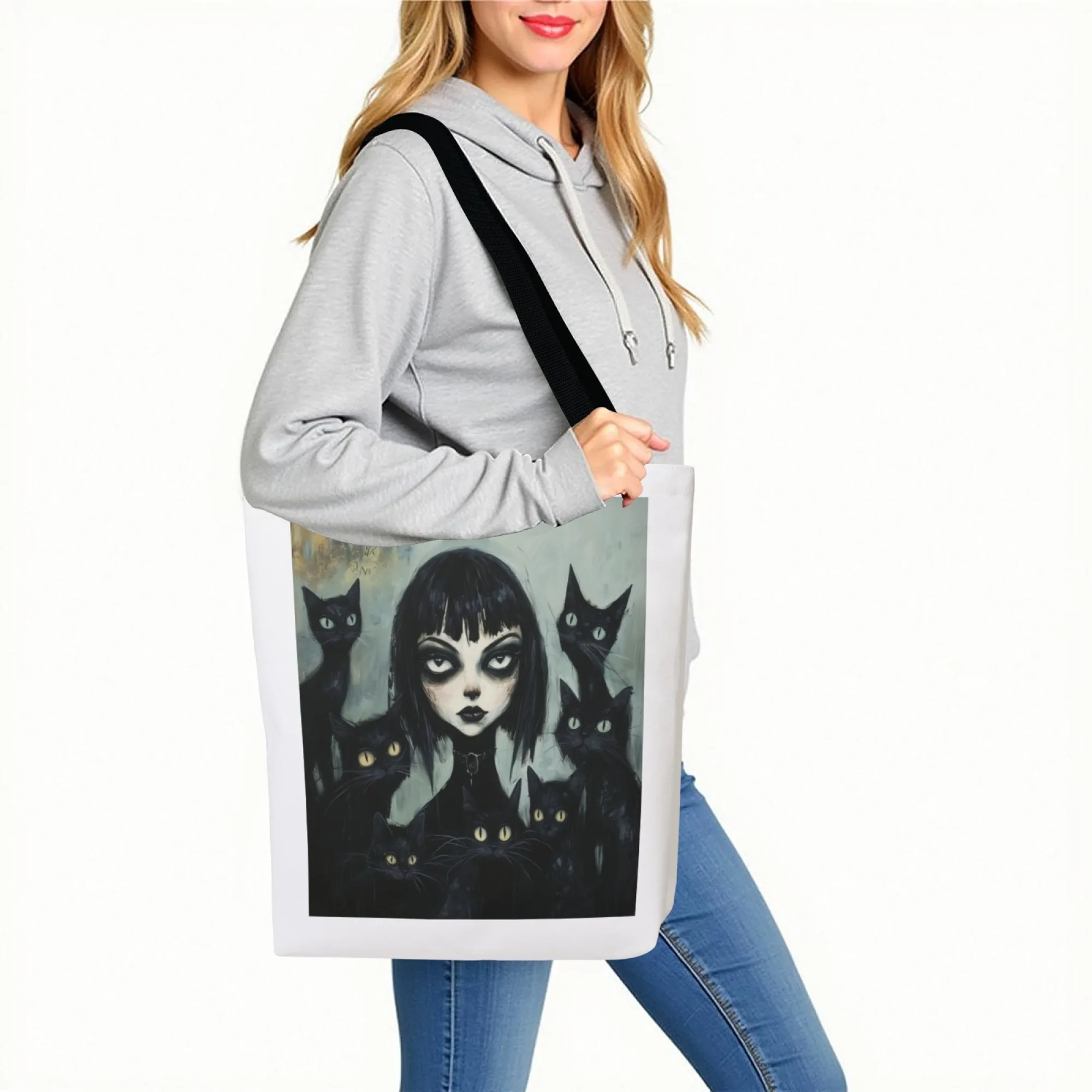 Urban Edgy Gothic Canvas Tote Bag Dark Cat & Girl Art Print Shoulder Bag Women's Stylish Perfect for Dark Aesthetic Fans