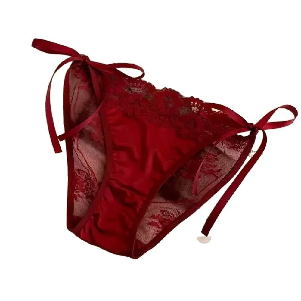 Thin Seamless Lace Flower Panties Mesh Transparent Satin Silk Briefs Mid Waist Lace-up Briefs Girl