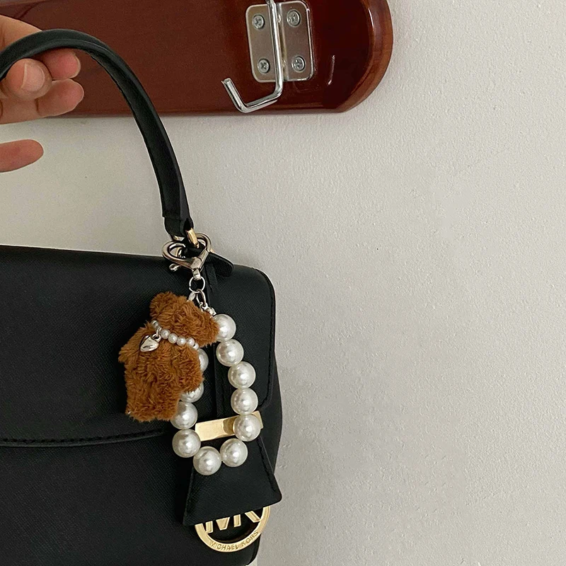 

Cute Plush Teddy Bear Pearl Bag Charm Women's Handbag Cell Phone Chain Keychain Pendant Heart-shaped Charm DIY Earphone Case