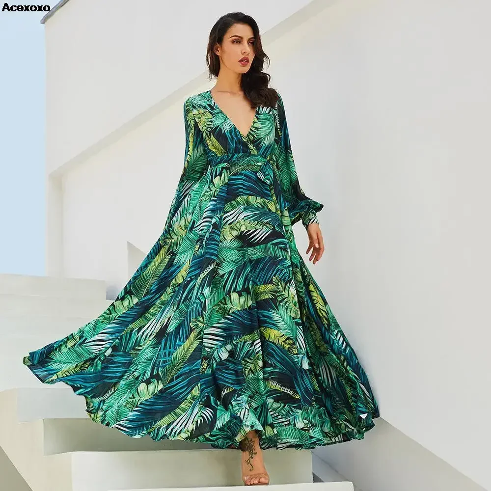 

2023 summer new women's fashion casual lantern sleeve printed V-neck long-sleeved dress