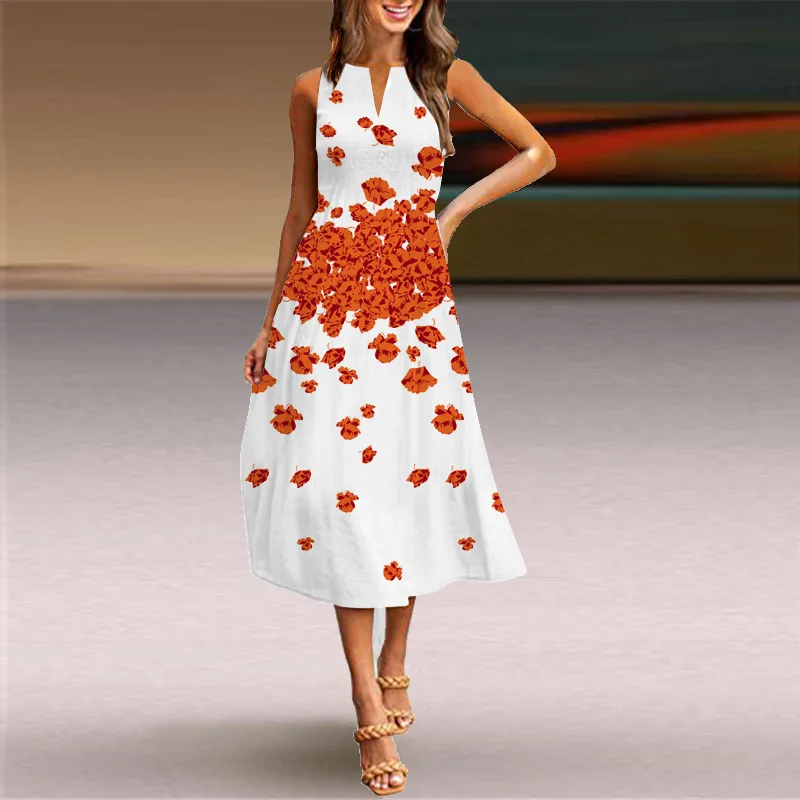 2022-Border European and American Sleeveless Dress Women's Casual Floral Print Swing Dress Bohemian Beach Long Skirt