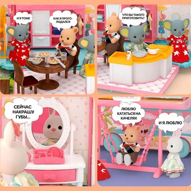 Mini Flocked Animal Family Doll Set Dressed Rabbit Cat Panda Koala Mouse Figures Dollhouse Accessory Pretend Play Collection Toy