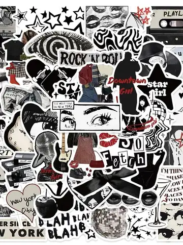 50Pcs 90s 00s Retro Black And White Y2K Girls Stickers Downtown Girls Stickers For Laptop Luggage Guitar Skateboard Vinyl Decals