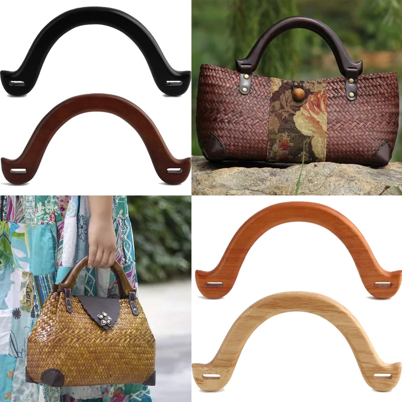 2PCS Arched Handle Rattan Wallet Straw Handbag Beach Bag Handle U-Shaped Wooden Crochet Crossbody Shoulder Bag Handle