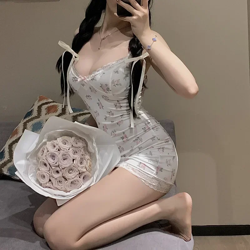 Women Sleepwear Sexy Lingerie Sling Lace Short Dress Bodysuit Women Underwear Lace Pajamas Lolita Floral Dress