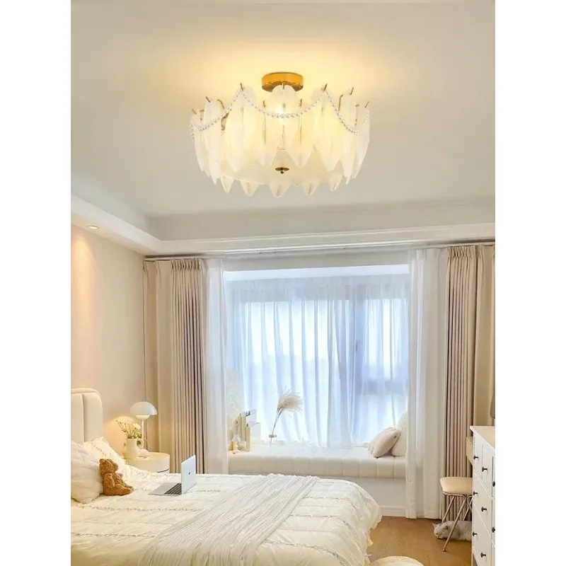 Modern Pearl Feather Glass Crystal Chandelier Luxury for Bedroom Dining Kitchen Home Decor Lighting Lamp Ceiling Light Led Lamp